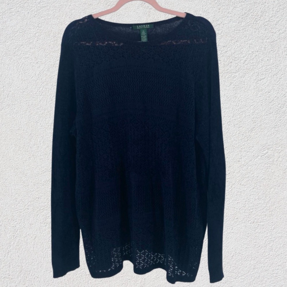 Lauren Ralph Lauren Women 1X Navy Open Knit Sweater Lightweight Crochet Front